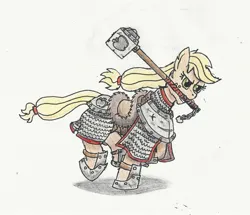 Size: 2091x1800 | Tagged: safe, artist:anonymous, derpibooru import, applejack, earth pony, pony, g4, armor, battle armor, drawthread, female, image, jpeg, mace, mare, mouth hold, running, saddle, solo, tack, traditional art, weapon