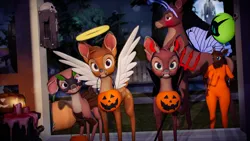 Size: 5120x2880 | Tagged: safe, artist:silkworm205, derpibooru import, oc, oc:cocoa dust, anthro, deer, deer pony, hybrid, original species, art pack:spooky cervids, g4, 3d, angel costume, balloon, bambi, blushing, butterfly costume, candle, clothes, colored eyebrows, costume, cuffs, deer oc, devil costume, faline (bambi), floppy ears, fluffy hair, fluffy mane, folded wings, halloween, halloween 2024, halloween costume, halo, holiday, image, looking at you, moon, neck fluff, non-pony oc, pitchfork, png, prince (bambi), prison outfit, pumpkin, ronno (bambi), smiling, source filmmaker, spread wings, timber wolf costume, trick or treat, wings