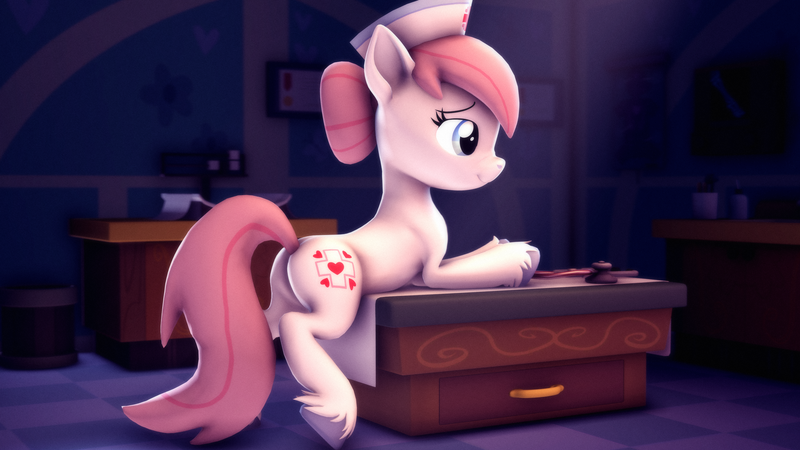 Size: 3840x2160 | Tagged: safe, artist:psfmer, derpibooru import, nurse redheart, earth pony, pony, g4, 3d, bipedal, bipedal leaning, butt, clinic, female, hat, image, leaning, mare, nurse hat, plot, png, solo, source filmmaker, table, unshorn fetlocks