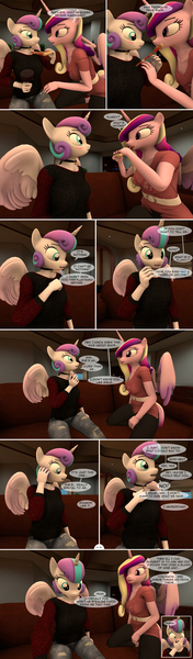 Size: 1440x4897 | Tagged: safe, artist:spud, derpibooru import, princess cadance, princess flurry heart, anthro, comic:unlikely valentine, g4, 3d, blushing, choker, comic, conversation, eating, embarrassed, food, image, implied incest, jpeg, leaning forward, living room, looking at each other, looking at someone, oh crap face, pizza, sitting, source filmmaker, speech bubble, talking