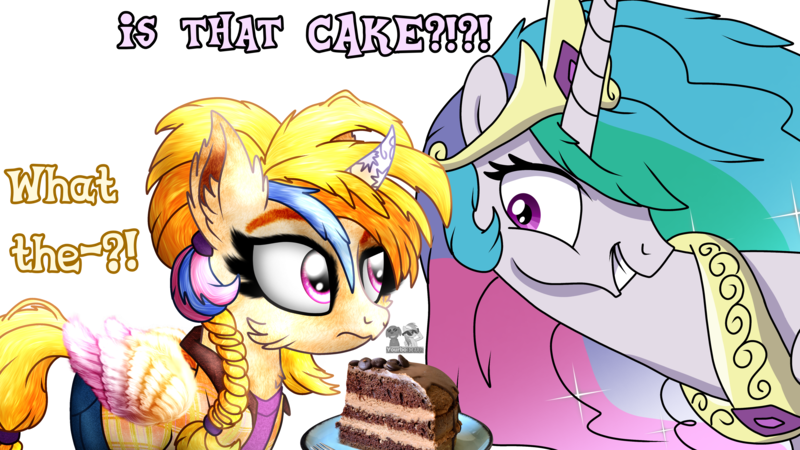 Size: 4596x2586 | Tagged: safe, artist:yourboimario, derpibooru import, golden feather, princess celestia, alicorn, pony, g4, spoiler:comic, spoiler:comic65, alternate universe, braid, braided ponytail, cake, cakelestia, curved horn, dialogue, disguise, female, food, high res, horn, image, mare, png, ponytail, self paradox, self ponidox, simple background, transparent background