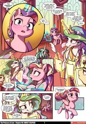 Size: 3541x5121 | Tagged: safe, artist:baban illustration, artist:lummh, derpibooru import, princess cadance, princess celestia, sunset shimmer, alicorn, pony, unicorn, comic:the princess of love, g4, absurd resolution, book, canterlot castle interior, comic, cute, cutedance, emanata, female, filly, filly sunset shimmer, foal, food, glow, glowing horn, horn, image, levitation, looking at each other, looking at someone, magic, male, mare, mirror, patreon, patreon logo, png, quill pen, speech bubble, stallion, teen princess cadance, telekinesis, younger