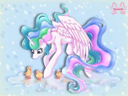 Size: 1024x768 | Tagged: safe, artist:niveria25, derpibooru import, princess celestia, alicorn, bird, duck, pony, g4, cute, duckling, female, image, jpeg, looking at something, looking down, mare, missing accessory, smiling, solo