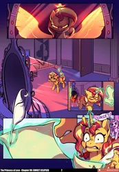 Size: 3541x5121 | Tagged: safe, artist:baban illustration, artist:lummh, derpibooru import, princess cadance, sunset shimmer, alicorn, pony, unicorn, comic:the princess of love, g4, absurd resolution, alicornified, artificial wings, augmented, canterlot castle interior, comic, cute, cutedance, emanata, female, filly, filly sunset shimmer, foal, glow, glowing horn, horn, image, imagine spot, levitation, magic, magic wings, mare, mirror, patreon, patreon logo, png, quill pen, race swap, reflection, scroll, shimmercorn, speech bubble, startled, teen princess cadance, telekinesis, wings, younger, younger sunset