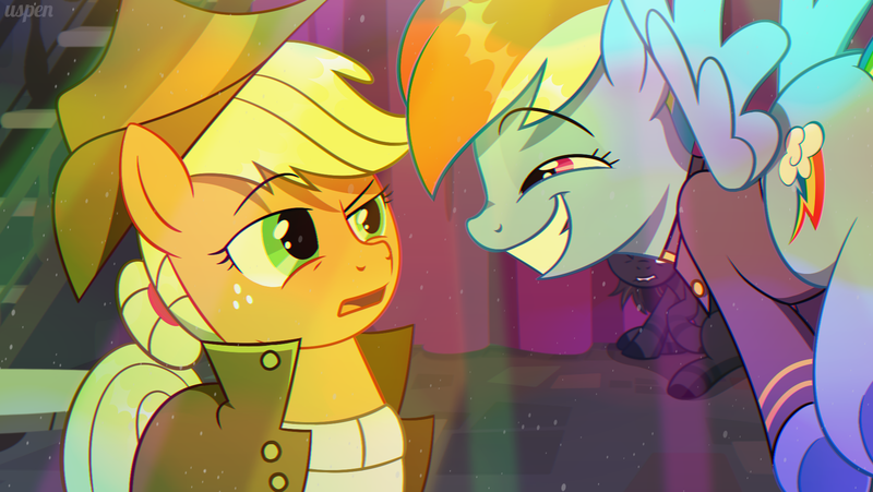 Size: 1916x1080 | Tagged: safe, artist:uspen, derpibooru import, applejack, rainbow dash, earth pony, fly, insect, pegasus, pony, fallout equestria, background pony, clothes, coat, complex background, female, flying, gritted teeth, hair bun, hat, image, lip bite, mare, party, png, rubber band, sarcasm, smiling, smirk, spread wings, stairs, sweater, talking, teeth, uniform, wings