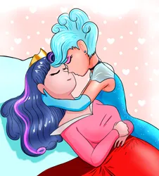 Size: 2800x3100 | Tagged: safe, artist:film77asq, derpibooru import, twilight sparkle, oc, oc:jemimasparkle, human, equestria girls, g4, bed, canon x oc, choker, cinderella, clothes, crown, dress, duo, evening gloves, eyes closed, eyeshadow, female, gloves, gown, image, jewelry, lesbian, long gloves, makeup, png, princess aurora, regalia, sleeping beauty