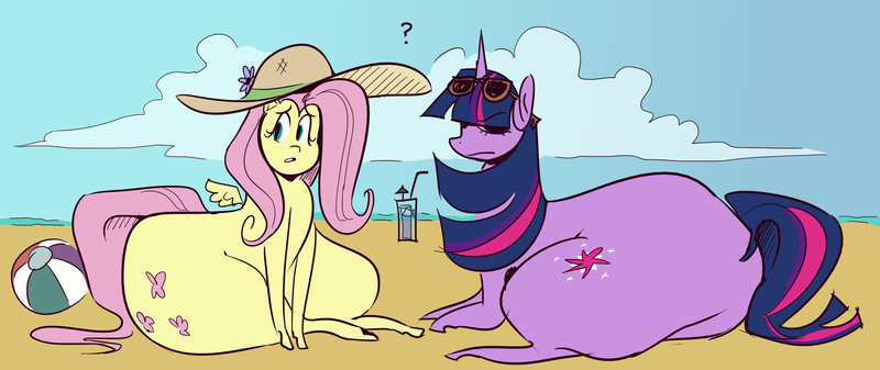 Size: 2747x1156 | Tagged: safe, artist:polofastter, artist:secretgoombaman12345, derpibooru import, fluttershy, twilight sparkle, pegasus, pony, unicorn, g4, beach, beach ball, butt, chubby, cloud, drink, drinking straw, duo, duo female, eyelashes, female, frown, hat, hooves, horn, huge butt, image, large butt, looking at you, lying down, ocean, png, question mark, simple background, sitting, sketch, sun hat, sunglasses, sunglasses on head, tail, thighs, thunder thighs, twibutt, unicorn twilight, water, wide hips