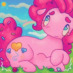 Size: 1440x1440 | Tagged: safe, artist:ariariari.png, derpibooru import, pinkie pie, earth pony, insect, ladybug, pony, g4, alternate cutie mark, beanbrows, cursor, eyebrows, female, hoof heart, image, jpeg, leaf, lying down, mare, prone, rainbow, sky, solo, sprinkles in tail, starry eyes, sun, underhoof, wingding eyes