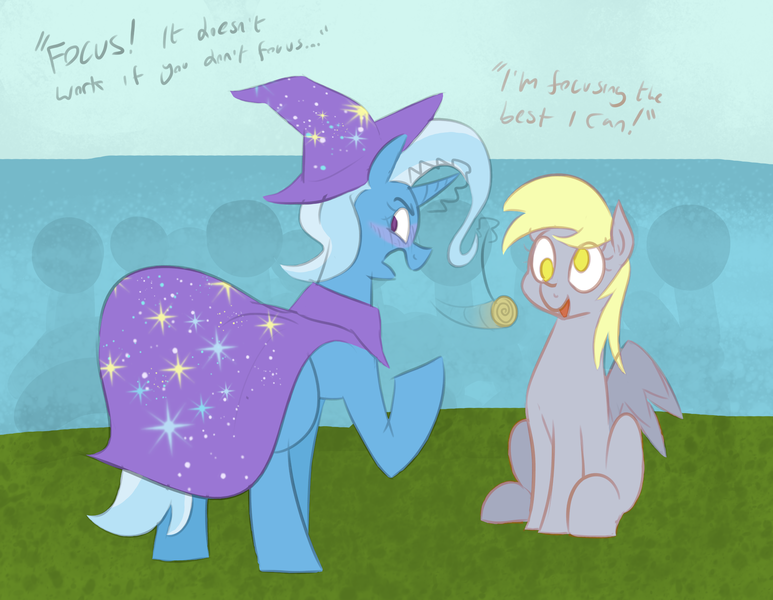 Size: 1956x1519 | Tagged: safe, artist:moonatik, artist:polofastter, derpibooru import, derpy hooves, trixie, pegasus, pony, unicorn, g4, cape, clothes, fail, female, hat, horn, humiliation, hypnosis, hypnovember 2024, image, mare, png, sketch, trixie's cape, trixie's hat