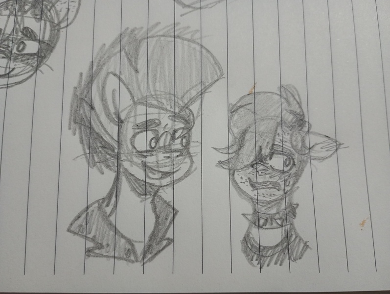 Size: 4080x3072 | Tagged: safe, artist:mindset, derpibooru import, hitch trailblazer, earth pony, pony, g5, emo, floppy ears, flustered, image, jpeg, looking at each other, looking at someone, male, mohawk, outlaw hitch, paper, paradox, pencil drawing, smiling, smiling at each other, stallion, teenager, traditional art, younger