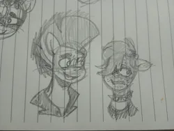 Size: 4080x3072 | Tagged: safe, artist:mindset, derpibooru import, hitch trailblazer, earth pony, pony, g5, emo, floppy ears, flustered, image, jpeg, looking at each other, looking at someone, male, mohawk, outlaw hitch, paper, paradox, pencil drawing, smiling, smiling at each other, stallion, teenager, traditional art, younger