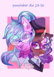 Size: 2797x3969 | Tagged: safe, artist:zackchibi, derpibooru import, violette rainbow, earth pony, pony, unicorn, g5, ascot, bust, clothes, cosplay, costume, dahlia, duo, duo female, female, filly, foal, glasses, hat, high res, horn, image, mare, open mouth, open smile, passepartout, png, ponytober, ponytober 2024, round glasses, smiling, top hat