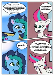 Size: 1131x1600 | Tagged: safe, artist:delilah1_riley, derpibooru import, zipp storm, pegasus, pony, unicorn, comic:pipp the poltergeist, fanfic:pipp the poltergeist, g5, my little pony: tell your tale, comic, commission, dialogue, duo, duo female, fanfic art, female, horn, image, implied opaline arcana, implied pipp petals, jpeg, mare, misty brightdawn, outdoors