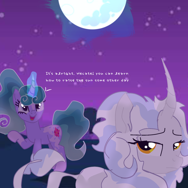 Size: 1280x1280 | Tagged: safe, derpibooru import, oc, oc:dawnswing, oc:hecate, hybrid, blue magic, comfort, cutie mark, flower cutie mark, flowing mane, gray eyes, image, interspecies, interspecies offspring, magical gay spawn, moon, my little pony: the protectors of harmony, night, offspring, parent:mistmane, parent:scorpan, parent:star swirl the bearded, parents:scorswirl, png, raising the moon, spotted, yellow eyes