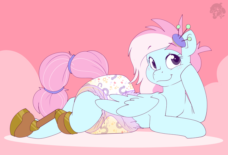 Size: 5000x3392 | Tagged: questionable, artist:cuddlehooves, derpibooru import, kerfuffle, pegasus, pony, g4, amputee, blushing, cute, diaper, diaper fetish, fetish, image, jpeg, lying down, missing cutie mark, non-baby in diaper, poofy diaper, prone, prosthetic leg, prosthetic limb, prosthetics, smiley face, wet diaper