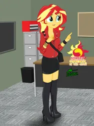 Size: 1620x2160 | Tagged: safe, artist:gibsterboy5, derpibooru import, sunset shimmer, human, equestria girls, g4, bag, board, boots, clothes, complex background, cutie mark, ear piercing, earring, female, handbag, high heel boots, high heels, image, jacket, jewelry, jpeg, leather, leather boots, leather jacket, leather skirt, long neck, miniskirt, office, piercing, platform boots, pointing, shelf, shoes, signature, skirt, solo, standing, table, text, trash can, wristband