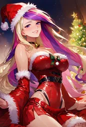 Size: 832x1216 | Tagged: suggestive, ai content, derpibooru import, generator:civitai, machine learning generated, prompter:doublerainbow, stable diffusion, princess cadance, human, g4, belly, belly button, big breasts, breasts, busty princess cadance, christmas, christmas tree, clothes, costume, female, generator:pony diffusion v6 xl, hat, holiday, humanized, image, jpeg, looking at you, night, outdoors, santa costume, santa hat, smiling, smiling at you, solo, solo female, stupid sexy princess cadance, tree