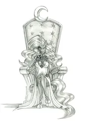 Size: 920x1350 | Tagged: safe, artist:baron engel, derpibooru import, idw, nightmare rarity, anthro, pony, unguligrade anthro, unicorn, g4, breasts, busty nightmare rarity, female, horn, image, jpeg, mare, monochrome, pencil drawing, throne, traditional art