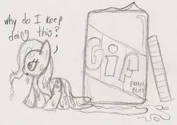 Size: 743x522 | Tagged: safe, artist:based sketchy, derpibooru import, fluttershy, pegasus, pony, g4, covered in food, dirty, drawthread, female, food, giant jar, image, jar, jpeg, mare, monochrome, peanut butter, requested art, sketch, solo, traditional art, why do i keep doing this