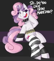 Size: 3000x3400 | Tagged: safe, artist:flutterthrash, derpibooru import, sweetie belle, pony, unicorn, g4, ammunition belt, black background, choker, clothes, dialogue, eyebrows, eyebrows visible through hair, female, high res, horn, horse puns, image, lidded eyes, mare, older, older sweetie belle, open mouth, open smile, png, simple background, sitting, smiling, socks, solo, spiked choker, striped socks, thigh highs, wristband