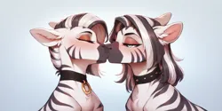 Size: 2400x1200 | Tagged: suggestive, ai content, derpibooru import, machine learning generated, prompter:greesys, zebra, choker, image, kissing, png, simple background