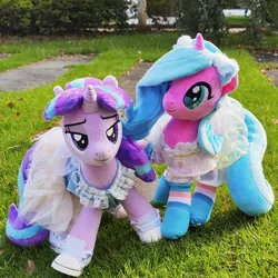 Size: 1728x1728 | Tagged: safe, artist:brella, derpibooru import, idw, photographer:brella, radiant hope, starlight glimmer, g4, cat ears, clothes, dress, duo, image, irl, jpeg, photo, plushie, s5 starlight, shoes, socks