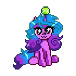 Size: 350x350 | Tagged: safe, artist:chssam, derpibooru import, izzy moonbow, pony, unicorn, g5, :3, ball, digital art, female, horn, image, izzy's tennis ball, manepxls, mare, pixel art, png, pxls.space, simple background, sitting, solo, tennis ball, transparent background