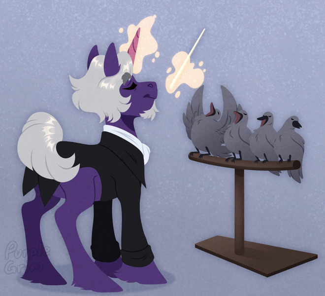 Size: 1100x1000 | Tagged: safe, artist:purplegrim40, derpibooru import, oc, unnamed oc, bird, pony, unicorn, conductor, conductor's baton, horn, image, male, png, singing, stallion