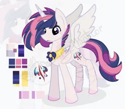 Size: 1450x1268 | Tagged: safe, artist:destiny_manticor, derpibooru import, oc, unnamed oc, unofficial characters only, alicorn, pony, adoptable, body markings, cutie mark, female, horn, image, jewelry, lipstick, long tail, mare, necklace, obtrusive watermark, pale skin, palette, png, reference sheet, signature, simple background, slender, solo, spread wings, tail, thin, three quarter view, three toned mane, watermark, wings