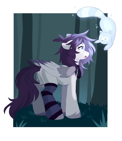 Size: 3176x3656 | Tagged: safe, artist:cheekipone, ponerpics import, oc, oc:faded light, unofficial characters only, ghost, pegasus, pony, raccoon, undead, animal, bow, coat markings, female, floppy ears, folded wings, glow, grass, image, jpeg, mare, nature, open mouth, outdoors, passepartout, pegasus oc, purple tail, sock, solo, sparkles, spots, standing, three toned wings, tree, two toned mane, unshorn fetlocks, wings