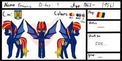 Size: 750x375 | Tagged: safe, artist:creampaint12, derpibooru import, ponified, bat pony, pony, image, jpeg, nation ponies, reference sheet, romania, solo