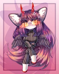 Size: 1717x2146 | Tagged: safe, artist:kumoto, derpibooru import, oc, unofficial characters only, pegasus, pony, bust, clothes, crossed hooves, devil horns, ear fluff, flower, flower in hair, grin, horns, image, looking at you, png, smiling, solo, sunglasses