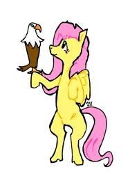 Size: 1128x1500 | Tagged: safe, artist:mevka, derpibooru import, fluttershy, bird, eagle, pegasus, pony, bipedal, female, image, looking at each other, looking at someone, mare, png, simple background, smiling, solo, white background