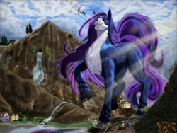 Size: 2048x1536 | Tagged: safe, artist:prp-2, derpibooru import, earth pony, pegasus, pony, female, giant pony, image, jpeg, macro, mare, mountain, scenery, valley, village, walking