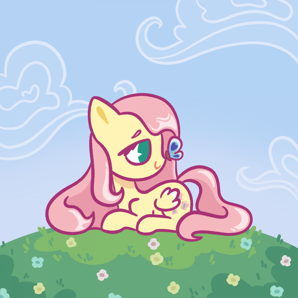 Size: 1920x1920 | Tagged: safe, artist:croustillon, derpibooru import, fluttershy, butterfly, insect, pegasus, pony, butterfly on nose, female, grass, image, insect on nose, lying down, mare, meadow, png, prone, smiling, solo, turned head