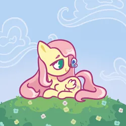 Size: 1920x1920 | Tagged: safe, artist:croustillon, derpibooru import, fluttershy, butterfly, insect, pegasus, pony, butterfly on nose, female, grass, image, insect on nose, lying down, mare, meadow, png, prone, smiling, solo, turned head