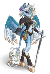 Size: 2000x3000 | Tagged: safe, artist:tinea, derpibooru import, oc, unofficial characters only, alicorn, anthro, unguligrade anthro, alicorn oc, clothes, colored wings, female, high res, horn, image, leotard, looking at you, midriff, png, simple background, solo, sword, two toned wings, weapon, white background, wings