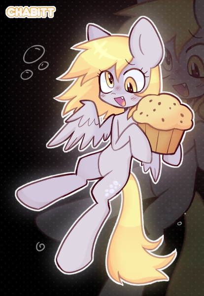 Size: 1632x2368 | Tagged: safe, artist:chabitt4, derpibooru import, derpy hooves, pegasus, pony, g4, cute, cute little fangs, fangs, female, flying, food, giant muffin, holding, image, mare, muffin, open mouth, open smile, png, smiling, solo, zoom layer