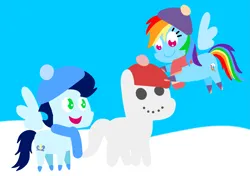 Size: 3553x2499 | Tagged: safe, anonymous artist, derpibooru import, rainbow dash, soarin', pegasus, pony, series:soarindash all seasons, series:soarindash winter, derpibooru exclusive, female, image, male, mare, png, pointy ponies, shipping, smiling, snow, snowpony, soarindash, stallion, straight, winter, winter clothes