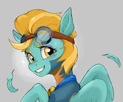 Size: 1506x1262 | Tagged: safe, artist:twitchykismet, derpibooru import, lightning dust, pegasus, pony, g4, bust, clothes, cute, dustabetes, feather, female, goggles, goggles on head, gray background, image, looking at you, looking back, looking back at you, mare, png, portrait, simple background, smiling, smiling at you, solo, sweat, uniform, wonderbolt trainee uniform