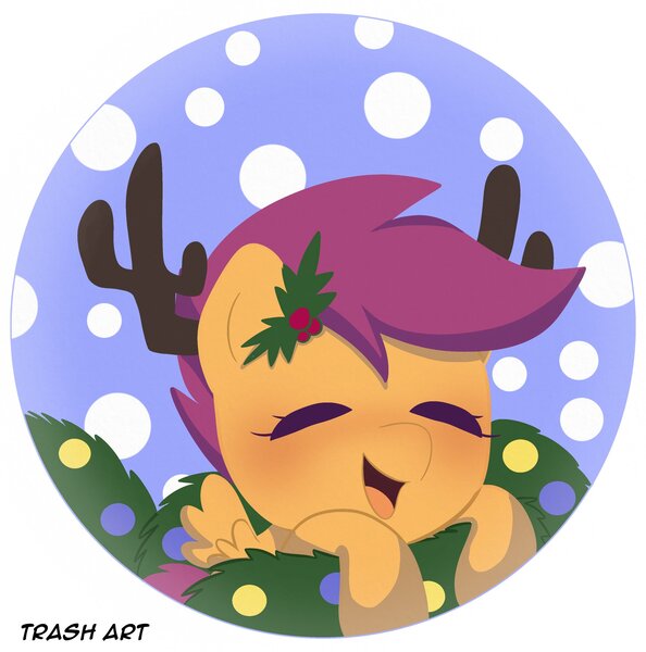 Size: 2028x2048 | Tagged: safe, artist:eltrash_art6, derpibooru import, part of a set, scootaloo, pegasus, pony, g4, antlers, blushing, christmas, cute, cutealoo, eyes closed, female, filly, foal, holiday, holly, holly mistaken for mistletoe, icon, image, jpeg, orange coat, purple mane, reindeer antlers, snow, wings