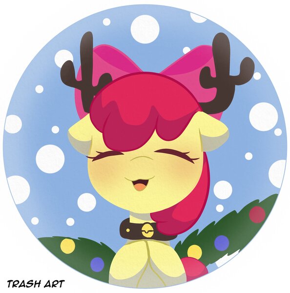 Size: 2028x2048 | Tagged: safe, artist:eltrash_art6, derpibooru import, part of a set, apple bloom, pony, g4, antlers, applebetes, blushing, christmas, collar, cute, eyes closed, female, filly, foal, holiday, image, jpeg, red mane, reindeer antlers, ribbon, smiling, snow, snowfall, yellow coat