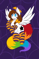 Size: 1365x2048 | Tagged: safe, artist:mscolorsplash, derpibooru import, oc, oc:color splash, unofficial characters only, pegasus, pony, clothes, female, flying, halloween, hat, holiday, image, mare, no pupils, open mouth, open smile, png, smiling, socks, solo, spread wings, striped socks, wings, witch hat