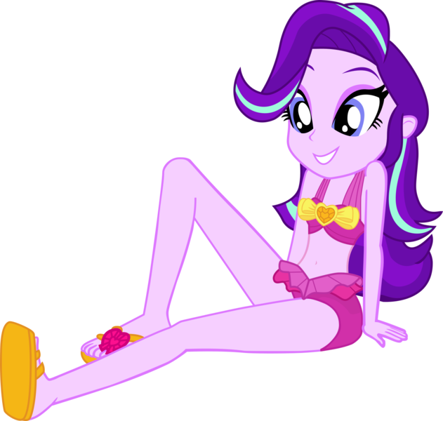 Size: 1406x1336 | Tagged: safe, alternate version, artist:dustinwatsongkx, derpibooru import, starlight glimmer, human, equestria girls, g4, bare shoulders, belly, belly button, bikini, clothes, clothes swap, feet, female, hatless, image, midriff, missing accessory, pinkie pie swimsuit, png, sandals, simple background, sleeveless, solo, swimsuit, swimsuit swap, transparent background, vector