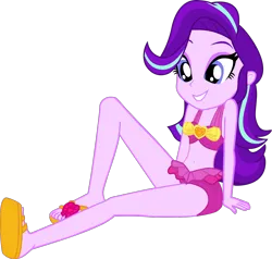 Size: 1406x1336 | Tagged: safe, alternate version, artist:dustinwatsongkx, derpibooru import, starlight glimmer, human, equestria girls, g4, bare shoulders, belly, belly button, bikini, clothes, clothes swap, feet, female, hatless, image, midriff, missing accessory, pinkie pie swimsuit, png, sandals, simple background, sleeveless, solo, swimsuit, swimsuit swap, transparent background, vector