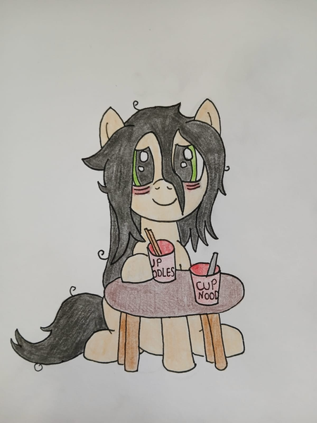 Size: 1200x1600 | Tagged: safe, artist:toastymares, ponerpics import, oc, oc:floor bored, earth pony, pony, chopsticks, cute, female, happy, image, instant noodles, mare, png, sitting, solo, table, traditional art