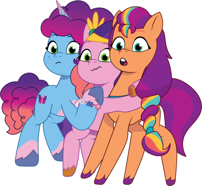 Size: 1363x1254 | Tagged: safe, artist:prixy05, derpibooru import, pipp petals, sunny starscout, earth pony, pegasus, pony, unicorn, g5, my little pony: tell your tale, female, horn, image, jazz hearts rocky, mane stripe sunny, mare, misty brightdawn, png, rebirth misty, simple background, surprised, transparent background, trio, trio female, vector