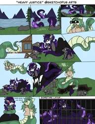 Size: 2048x2663 | Tagged: safe, artist:blazep0ny, derpibooru import, oc, oc:lamey, oc:stella, anthro, lamia, octopus, original species, snake, snake pony, wolf, binoculars, body slam, coils, comic, dialogue, hole, image, jail, jewelry, jpeg, makeup, onomatopoeia, river, tentacles, water