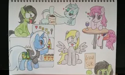 Size: 1913x1148 | Tagged: suggestive, artist:toastymares, ponerpics import, derpy hooves, lyra heartstrings, trixie, oc, oc:anon-mare, earth pony, pegasus, pony, unicorn, alcohol, apple juice, bar stool, bedroom eyes, beer, booba, clothes, drunk, drunk bubbles, eye bulging, female, food, glass, heart, image, jpeg, juice, letter, looking at you, mare, milk, oats, refrigerator, seductive pose, shirt, sign, sitting, table, tongue out, underwear, wine, wine glass