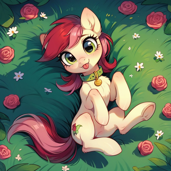 Size: 1024x1024 | Tagged: safe, ai content, derpibooru import, machine learning generated, prompter:doom9454, stable diffusion, roseluck, earth pony, pony, g4, :p, behaving like a cat, collar, fangs, fluffy, generator:pony diffusion v6 xl, image, jpeg, looking at you, lying down, pet tag, pony pet, rosepet, tongue out